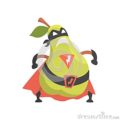 Pear Dressed As Superhero With Cape And Mask, Part Of Vegetables In Fantasy Disguises Series Of Cartoon Silly Characters Vector Illustration