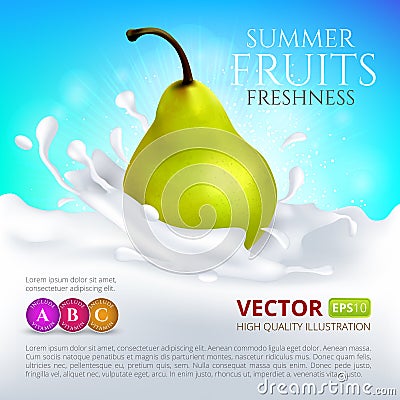 Pear falling in milk or yogurt with splash Vector Illustration