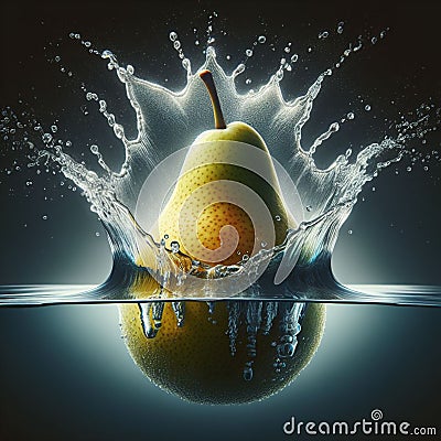 a pear falling into a water fountain, forming a crown of water. Stock Photo