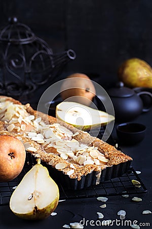 Pear frangipane tart background Stock Photo