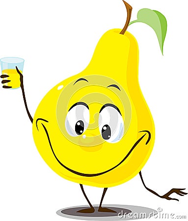 Pear with glass of juice hold in hand funny cartoon flat design Vector Illustration