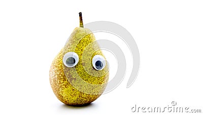 Pear with google eyes on a white backdrop Stock Photo