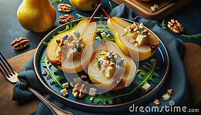 Pear and Gorgonzola Cheese Salad Plates Stock Photo