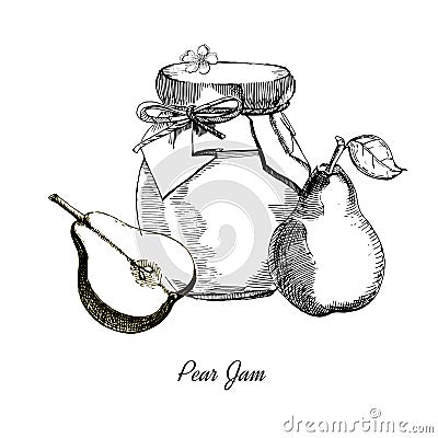 Pear jam.Hand drawn illustration. Ink sketch of canning pears, isolated on white background. Vector Illustration