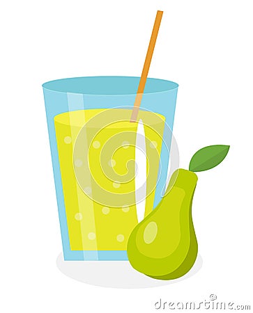 Pear juice in a glass. Fresh isolated on white background. fruit and icon. Vector Illustration