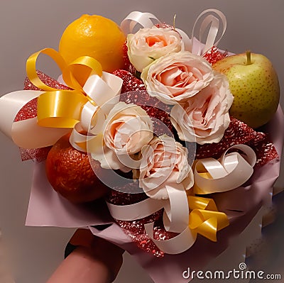Bouquet, beautiful, gentle, unusual, flowers, fruit, bright, colourful Stock Photo