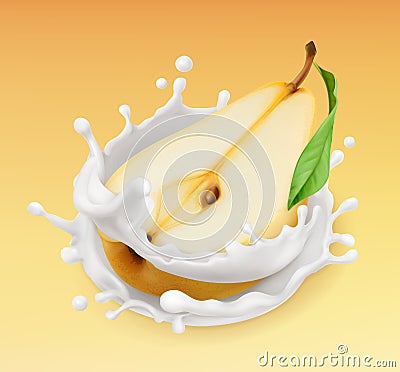 Pear and milk splash. Fruit and yogurt. 3d vector icon Vector Illustration