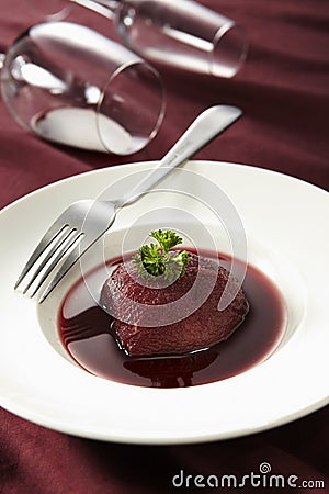 Pear in wine dessert Stock Photo