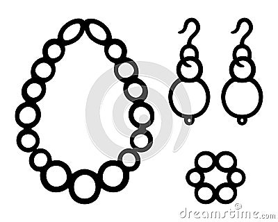 Pearl beads, a wrist bracelet made of large, round beads, a pair of long earrings with a hook Vector Illustration