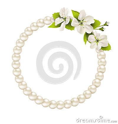 Pearl circle like frame with cherry flowers isolated on white Vector Illustration