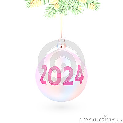 Pearl colored light Christmas ball weighs on a snow-covered green fir branch Vector Illustration