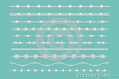 Pearl glamour borders. Vector bride pearls vintage accessories necklace patterns isolated on green Cartoon Illustration