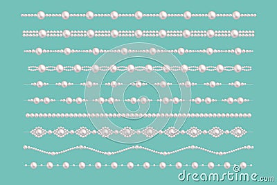 Pearl glamour borders. Vector bride pearls vintage accessories necklace patterns isolated on green Vector Illustration