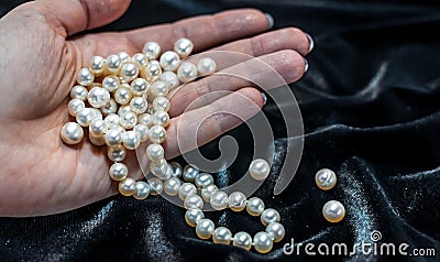 Pearl necklace on the woman's hand Stock Photo