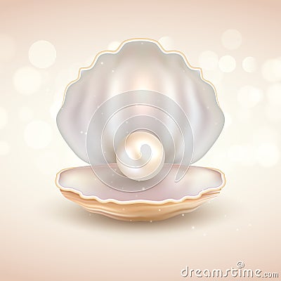 Pearl open shell realistic illustration. Natural beautiful single pearl sea jewelry Vector Illustration