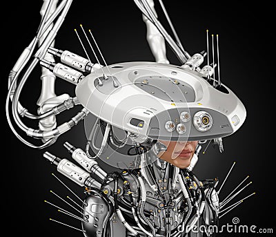 Pearl humanlike robot with huge ai brain hat Stock Photo