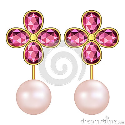 Pearl ruby earrings mockup, realistic style Cartoon Illustration