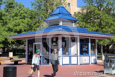 Pearl St. Boulder Colorado Information Center Two Females Walking down the Mall Editorial Stock Photo