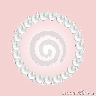 Pearl white bead round frame border on pink. Stock Photo