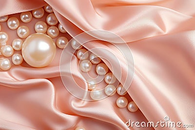 Pearls background. Pile of white natural pearls on pink silk closeup. Pearl on smooth elegant silky fabric texture Stock Photo