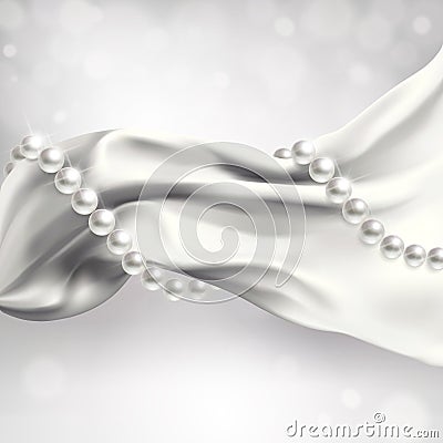 Pearls on a Background of White Waving Fabric Vector Illustration