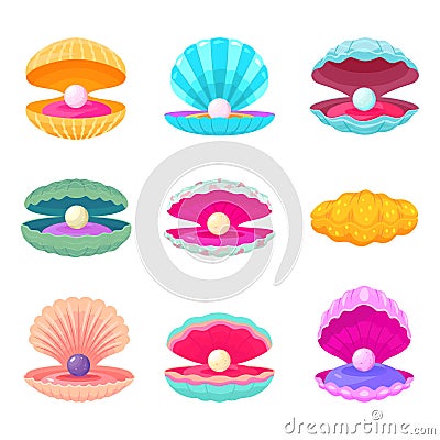 Pearls in shells. Decorative cartoon shell with pearl, different sand and ocean elements. Isolated oyster clam Vector Illustration