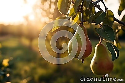 pears on a branch in the garden. pears ripen on the tree. pears in raindrops close-up on a branch. background with pears Stock Photo