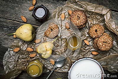Pears Cookies and cream on wooden table Stock Photo