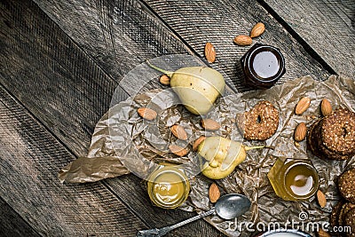 Pears Cookies honey and nuts on wood Stock Photo