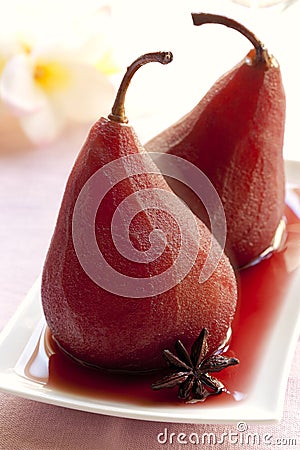 Pears Poached in Red Wine Stock Photo