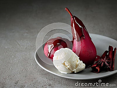 Pears poached in red wine Stock Photo