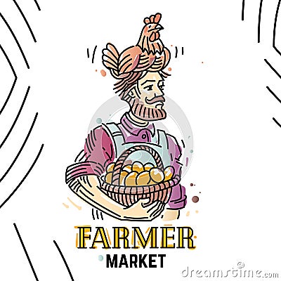 Peasant with hen on his head and basket with eggs Vector Illustration