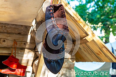 Peasant leather shoes traditional element clothing close up Stock Photo