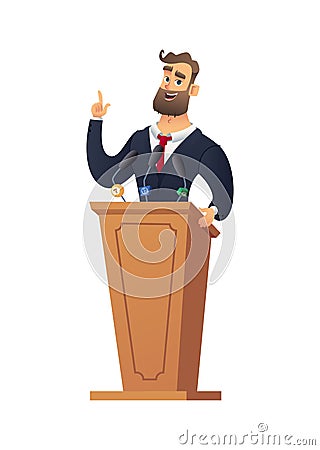 The peasant man speaking from the rostrum. Businessman or speaker speech. Rector in the classroom Stock Photo