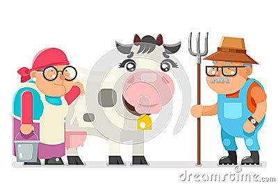 Peasant milkmaid farmer granny grandfather adult rancher old age woman man character cartoon villager isolated flat Vector Illustration