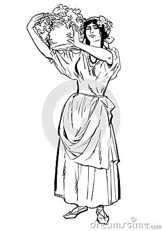 Peasant woman carrying basket of grapes Vector Illustration