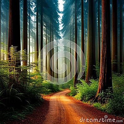 giant redwoods in a misty forest, with towering trees and lush vegetation Stock Photo