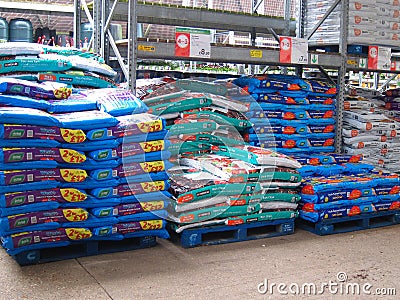 Peat and compost in a garden center. Editorial Stock Photo