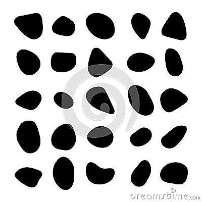 Pebble, cobble stones vector collection. Black ink blot rounded shapes set. Liquid irregular random drop elements for interior Vector Illustration