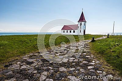 Pebble paved walk pass to Hellnar church in Snaefellsnes peninsula of Western Iceland Stock Photo