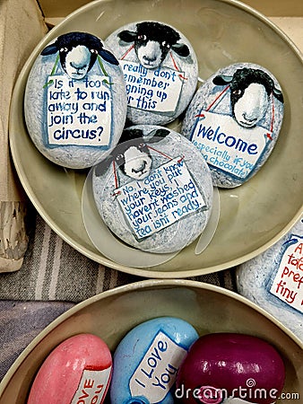 Pebble sheep and sentiments souvenirs Stock Photo