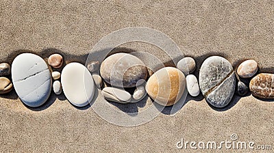 Pebble stones lie on the sand in definite order. Zen meditation. Generative AI Stock Photo