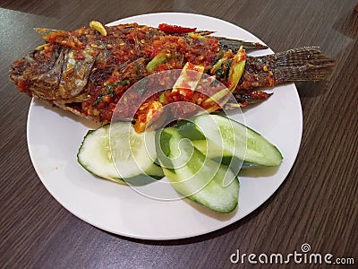 Pecak nila, Fried Tilapia with Javanese sauce Stock Photo