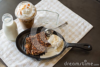 Pecan cobbler alamode with iced coffee Stock Photo