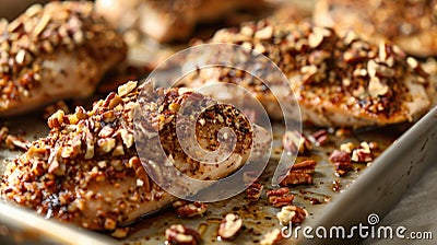 Pecan-crusted chicken breasts on a white serving platter Stock Photo