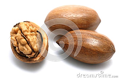 Pecan nuts and walnut Stock Photo