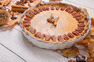 Pecan, Pumpkin, Thanksgiving Holiday Pies on a rustic table with decorative gourds. Top view Stock Photo