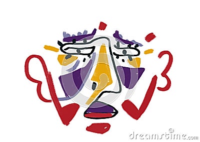 Peculiar sceptically human abstract portrait furious with big eye, nose and hear with primary color painting line with big line Stock Photo