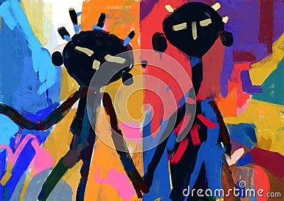 Peculiar two scary black voodoo doll hold hands. African color pattern, mix-media illustration, voodoo doll and graffiti. Artistic Cartoon Illustration