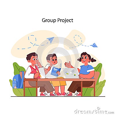 Pedagogy. Group project collaboration. Method of children upbringing Vector Illustration